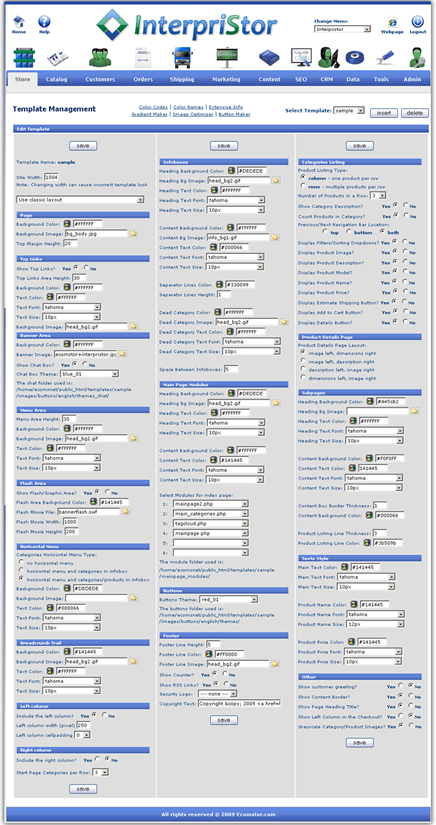 template configuration  ecomstor seo 3rd generation osCommerce compatible  ecommerce software